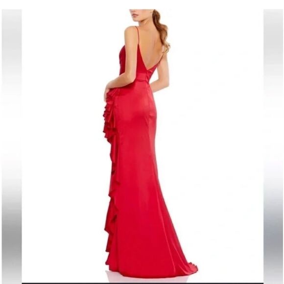 Mac Duggal 67815 Satin Ruffle Asymmetrical Gown Red | Size 8 - Picture 3 of 9